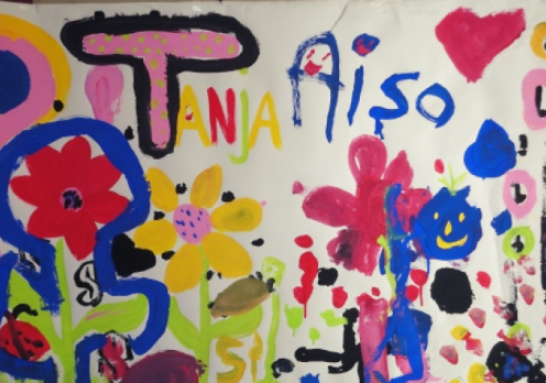 Kinderzeichnung von Tanja und Aisa mit bunten Blumen