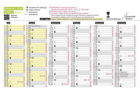 Kalender 2026 - Zone 2, Juli - Dezember